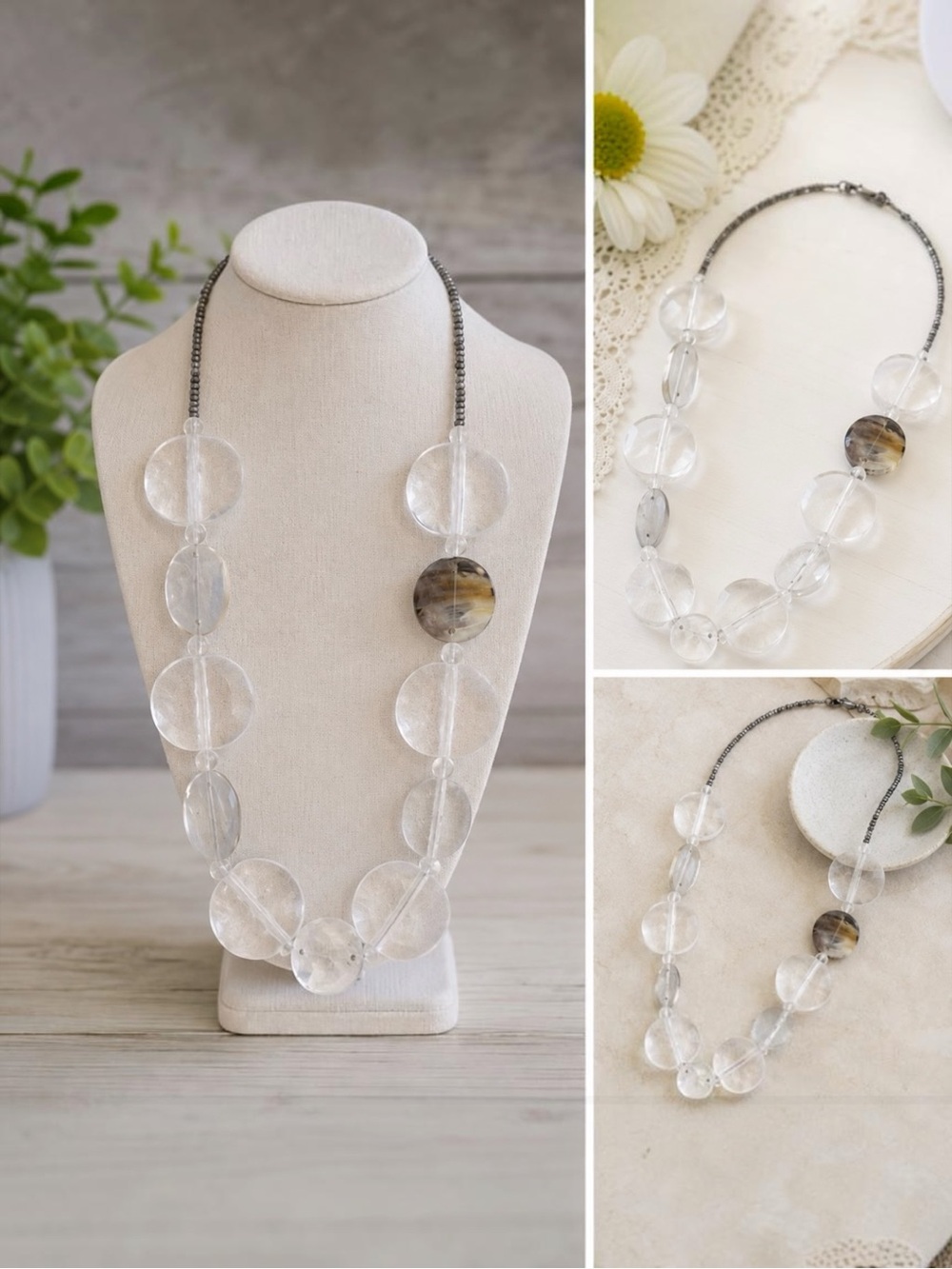 Chico’s Clear Beaded Statement Necklace Mother of Pearl Disc Long Necklace